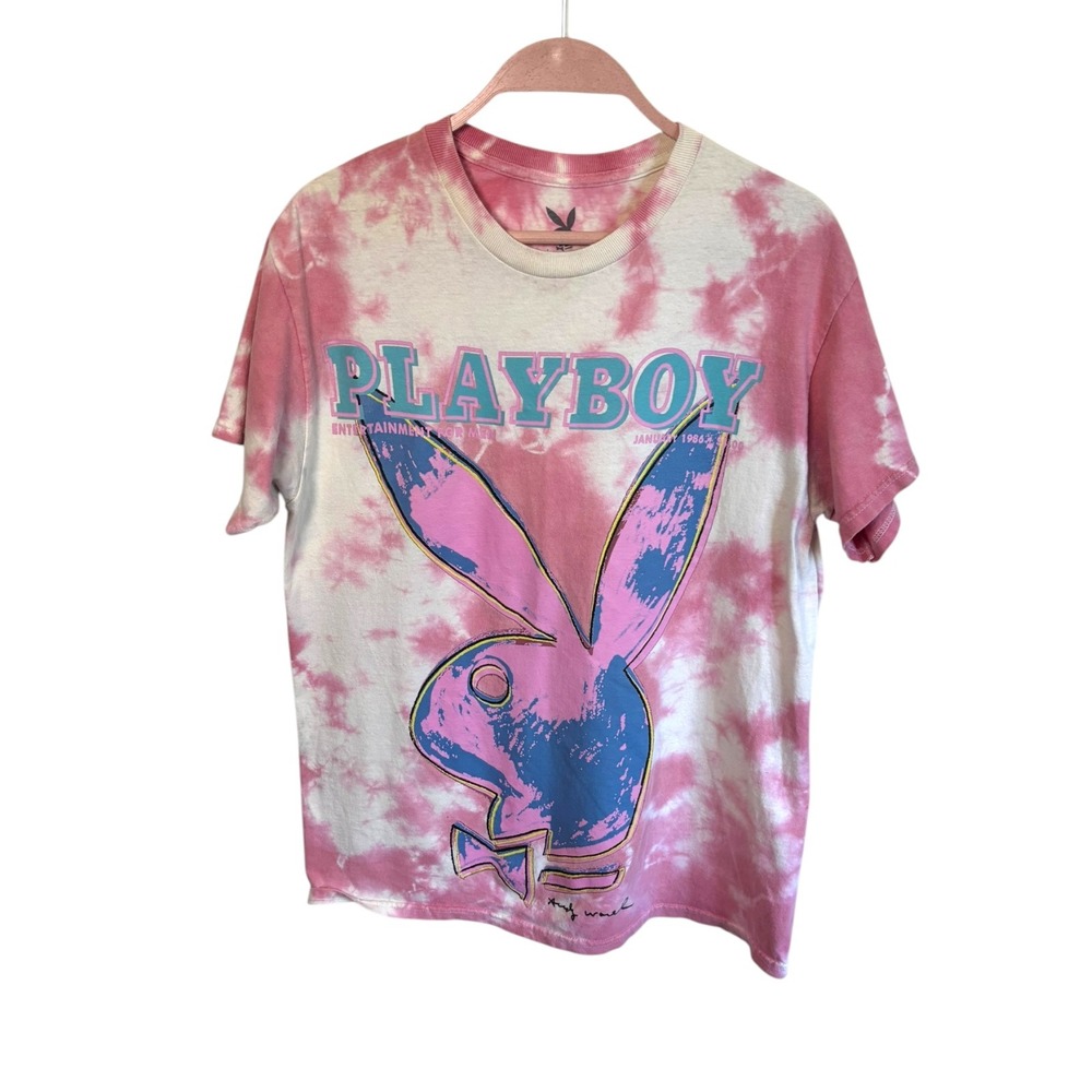 Vtg Playboy T-Shirt Top Sz M Andy Warhol 1986 Graphic Pink Tie Dye Pop Art